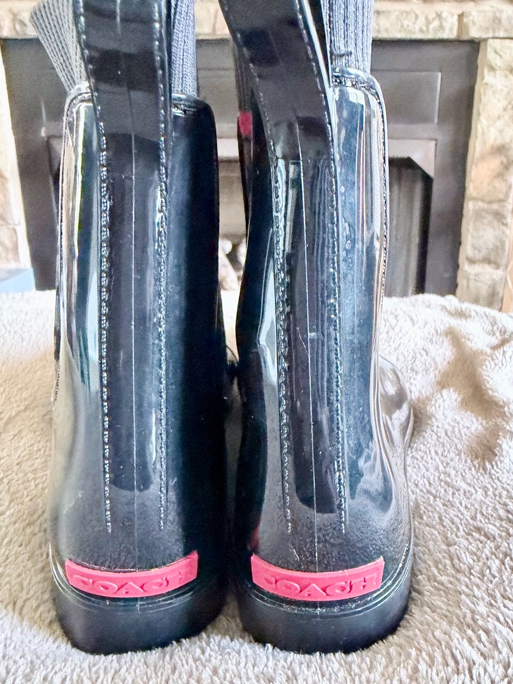 Coach Black Patent Rain Booties with Gray Signature Knit and Pink Accent - Picture 3 of 4